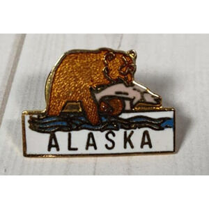 Alaska Bear with Fish Pin for a Hat, Lapel, Apron, Lanyard, Jacket or Backpack